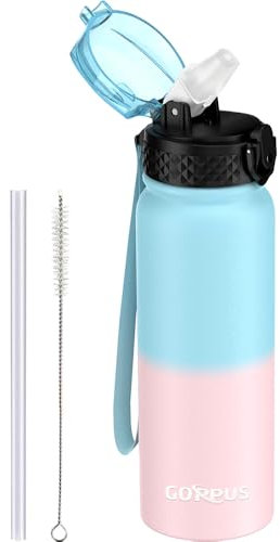 GOPPUS 600ml/20oz Stainless Water Bottle with Straw Double Wall Insulated Bottles with Strap Reusable Vacuum Thermal Flask Leakproof Keep Cold Drinks Bottles with Flip Top Lid for Men Women BPA Free