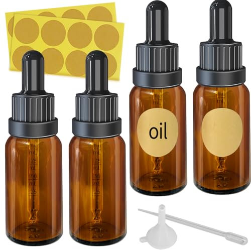 XYUXWLG Dropper Bottle, 4 Pcs 30ml Amber Glass Bottle with Glass Pipette Refillable Leakproof Come with 1 Funnel & 16 Labels Thick Dark Amber Glass Essential Oils Bottles for Aromatherapy Blend