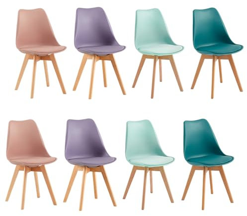 EGGREE Set di 8 Sedie da Sala da Pranzo con Gambe in Faggio Massiccio Schienale in Plastica e Cuscino in PU Sedie da Cucina Moderno e Scandinavo,2Rosa fumé+2Turchese+2Verde menta+2Grigio viola