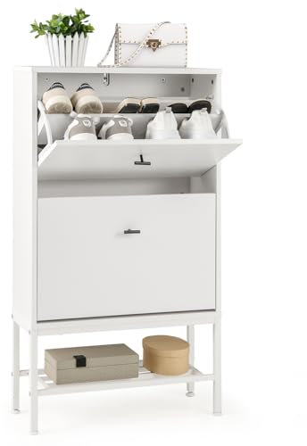 COSTWAY 2-Drawer Shoe Cabinet, Pull Down Wooden Shoe Cupboard with 2 Flip Doors and Bottom Metal Shelf, Freestanding Narrow Shoe Storage Organiser Footwear Stand for Hallway Entryway (White)