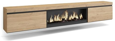 Skraut Home | TV-Schrank, Lowboard | für Wohnzimmer und Esszimmer | 267x45x35 cm | Für großformatiges TV | Elektrokamin XXL | Hängend | Moderner Stil | Eiche