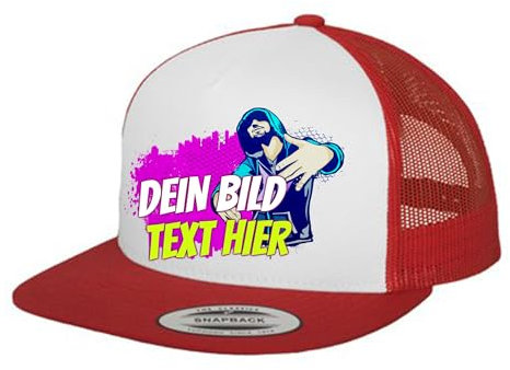 Kiwistar UG - Basecap - rot weiß - Klassik Trucker - mit Wunschtext und Foto individuell personalisiert