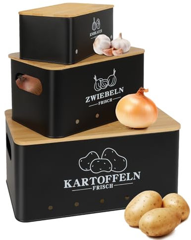 Mozvvco Kartoffel Aufbewahrungsbox 3er Set, Kartoffel Aufbewahrung Vintage Mit Bambusdeckel, Aufbewahrung Kartoffeln Zwiebeln Knoblauch, Zwiebeltopf Kartoffelbox Knoblauchtopf, Schwarz