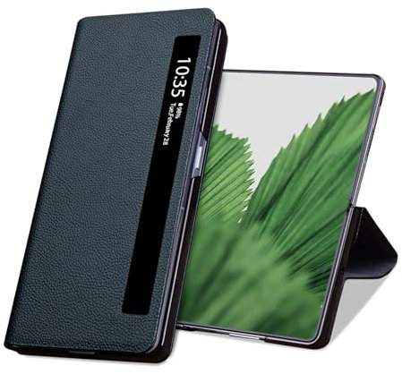 qichenlu Smart Fenster Echtleder Magnetische Hülle für Honor Magic V3,Auto Schlaf/Aufwach Flipcase Einteilige Klapphülle Scharnierschutz Ständer Case - Waldgrün