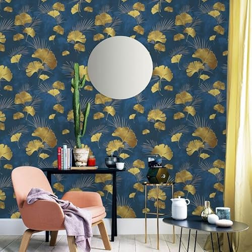 Tapeten Vliestapete Blaue Ginkgoblätter Moderne 3D Tapete Wohnzimmer Tv Sofa Hintergrund,Vliestapete Küchentapeten,Tapete Schlafzimmer,Tapete Flur 10mx0.53m