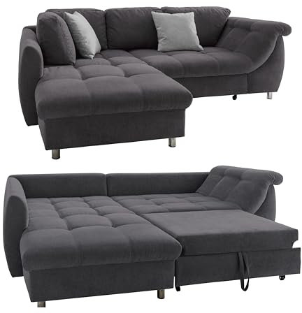 Ecksofa mit Schlaffunktion und Bettkasten B250/T190/H84 cm, Wellenunterfederung und Komfortschaum, Longchair Ottomane links, Bezug Mikrofaser in Anthrazit, 2 Zierkissen Grau / 17006