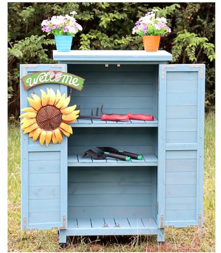 Capanno per attrezzi da giardino con struttura in legno massiccio, contenitore impermeabile per piccoli attrezzi, giocattoli da piscina e attrezzature da prato, blu, con ripiani e porte a 2 strati