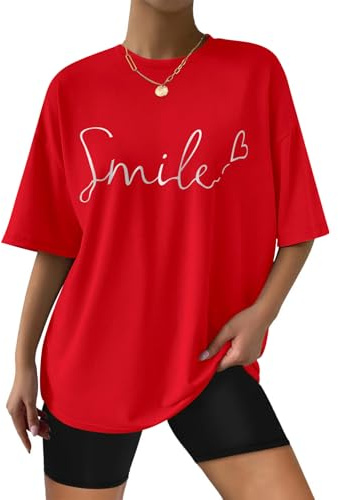 heekpek Camisetas Manga Corta Mujer Talla Grande Algodon Cuello Redondo Estampada Camiseta Mujer Verano Casual Oversize Camisetas T-Shirt Mujer, Rojo, XXL