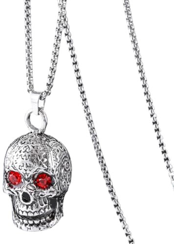 EAVUYIS Edelstahl Schmuck Totenkopf Anhänger Hohle Schädel Kette mit Rot Kristall Augen Skeleton Tribal Gotik Halskette für Herren