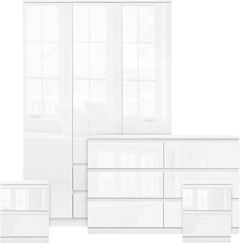Blisswood 4 Piece Engineered Wood Furniture Set - High Gloss White Wardrobe for Bedroom - 3 Door Bedroom Wardrobe + 6 Storage Drawer Chest of Drawers + 2 Piece of 2 Drawer Bedside Cabinet - Heavy Duty