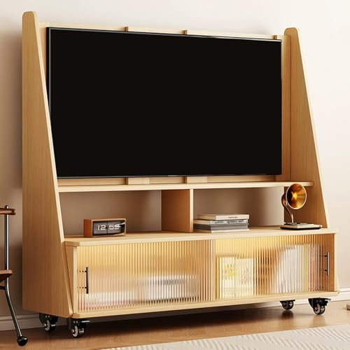 JIAOCKJIAO Support TV Sur Pied Mobile À Roulettes, Hauteur et Angle Réglables, Chariot TV Mobile avec Porte Coulissante en Verre, Chariot de Rangement Portable pour Téléviseurs de 25 À 50 Pouces(Natur