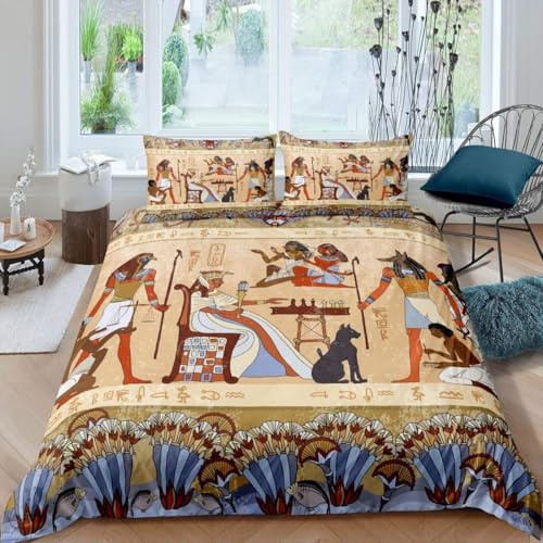 richhome Altes Ägypten Bettbezug 240 x 260 cm Tribu Bettwäsche-Set für Kinder und Erwachsene, ägyptische Kultur, Bettwäsche im ägyptischen Stil, Bettwäsche-Set, Schlafzimmerdekoration, 3-teilig