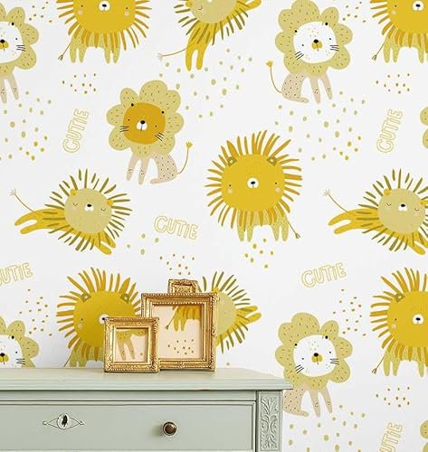 S4Sassy Carta da parati con leone dei cartoni animati – rivestimento murale giallo, 63,5 x 914,4 cm, carta da parati autoadesiva in vinile testurizzato, facile da usare per la camera dei bambini