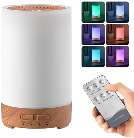 WIYETY Aroma Diffuser mit Fernbedienung: 150ml Weiß Holzmaserung Duft-Vernebler mit 7-farbigem LED-Licht und Timer-Einstellung, Düfte Luftbefeuchter für Schlafzimmer, Yoga, Büro