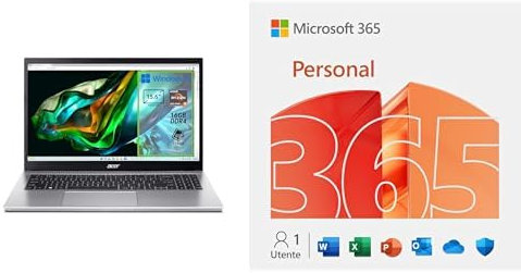 acer Aspire 3 | 15.6 FHD LCD | AMD Ryzen 5 5500U | RAM 16 GB | 512 GB SSD | Windows 11 + Microsoft 365 Personal | 12 mesi | App Office con AI | 1TB OneDrive