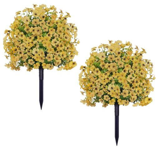 Crevyteg Künstlicher Buchsbaum-Kugelbaum mit Erdspieß, Formschnitt, dekorative künstliche Pflanzen mit Blume, 60 cm, UV-beständig, immergrüne Pflanzen, Dekoration für Veranda, Garten, Gelb, 2 Stück