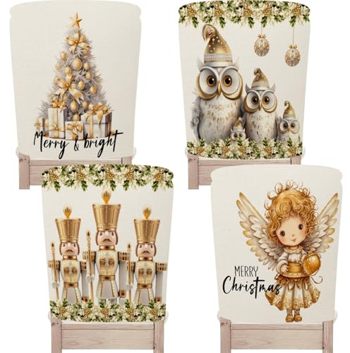 WYLEBER Weihnachten Stuhllehnenbezüge 4er-Set,Abnehmbare Waschbare und Dehnbare Esszimmer Stuhllehnenbezüge,für die Weihnachtsfeier Heimdekoration(I,4 Set)