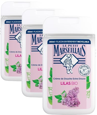 Le Petit Marseillais, Crème de Douche Extra Douce Lilas Bio (flacon de 250 ml) – Gel douche avec 92% d'ingrédients d'origine naturelle – pH neutre pour la peau et sans colorant (Lot de 3)