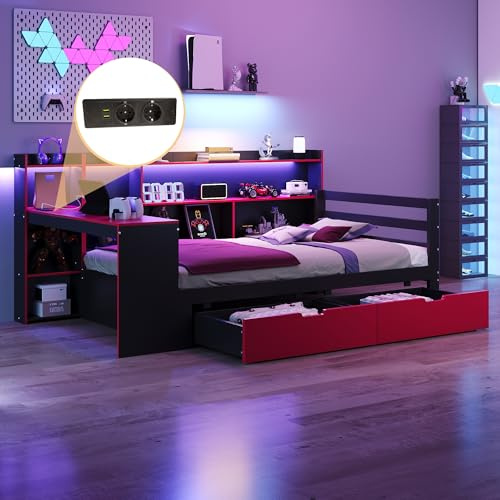 ANIROY Holzbett Schlafsofa 90x200cm mit Lattenrost, Einzelbett Sofabett mit LED & USB, Stauraumbett Tagesbett mit Schreibtisch & Bücherregal & 2 Schubladen & Regalen, ohne Matratze (Schwarz+Rot)
