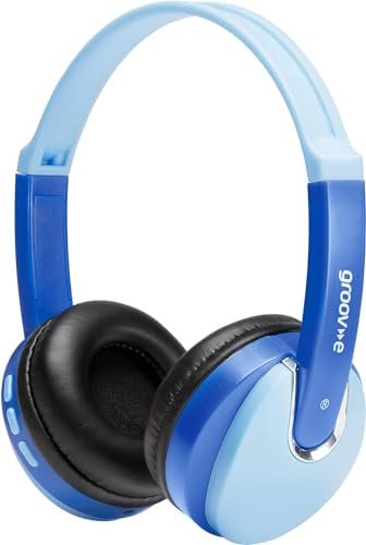 groov-e Bluetooth DJ Style Wireless On-Ear Headphones for Kids with 7.5 Hours Playback, Soft Earpads, Hands-Free Mic and Audio-Sharing Port - Blue