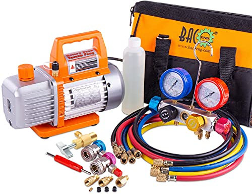 BACOENG Professional Vacuum Pump & Manifold Gauge Set - HVAC A/C Refrigeration Kit - Diagnostic R12 R22 R134a R410A - w/Case