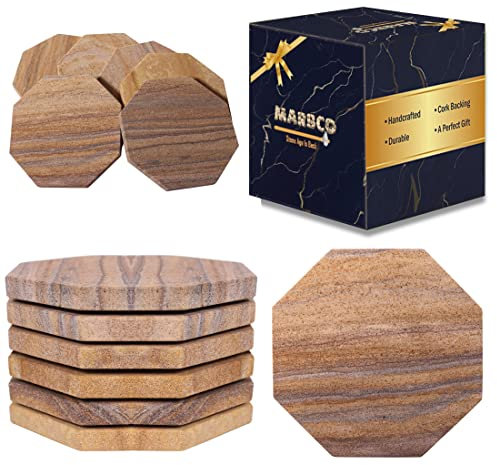 Marbco Sandstein-Untersetzer, wasserabsorbierend, handgefertigt, achteckig, für Getränke, Set mit 6 Stück – 10,2 cm breiten Durststein-Bar-/Getränkeuntersetzern aus echtem massivem Stein (ohne Halter,