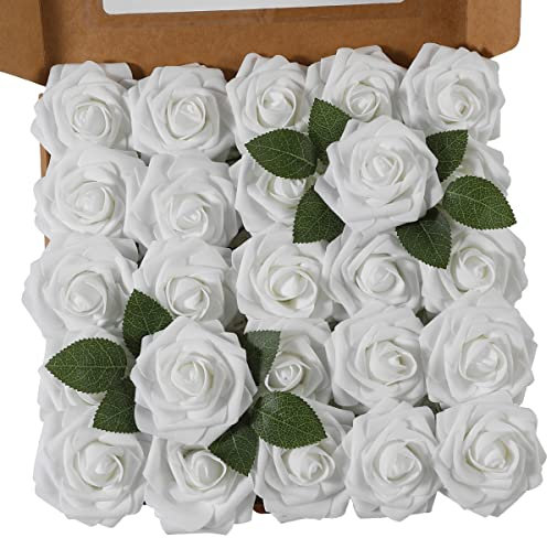 Ruiuzioong Fiori Rosa Artificiali 25 Pezzi Rose Finte Schiuma Aspetto Reale con Foglia e Gambo Regolabile per DIY Matrimoni Mazzi Nuziale Festa Casa Stanza Decorazioni (bianco, 25 Pezzi)