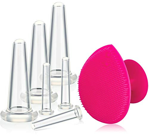 BBTO Set de Ventouses Faciales en Silicone, Kit de Tasses de Massage sous Vide pour Corps, Visage, Cou, Dos et Yeux, 6 Tasses et Brosse Exfoliante
