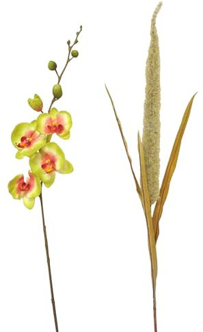 ARTIFICIAL 2 FLORES INDIVIDUAL ORQUIDEA VERDE PISTACHO ROJO + RAMA FROTH GRASS VERDE