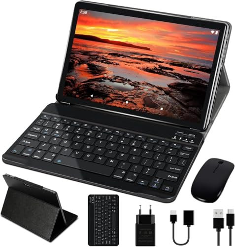 GOODTEL Tablette 10 Pouces Android 4Go RAM + 64Go ROM avec Quad Core | Batterie 8000mAh | Double Caméra 5+8MP | WiFi | Bluetooth | OTG | MicroSD 4-256 Go, avec Cas, Clavier et Souris - Gris