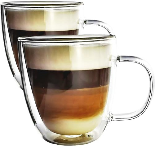 MAMMOTH Glass 2x420ml Double Walled Heat Resistant Borosilicate Glasses. Mugs and Cups for Coffee Latte Cappuccino Macchiato Flat White Tea Hot Chocolate Beer Chilled Drinks & Icecream