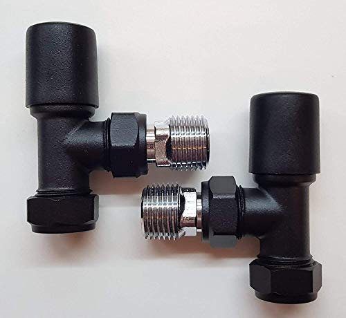 Teams Matt Black Towel Rail Radiator Wheelhead Valve Pair Minimalist Angled T5