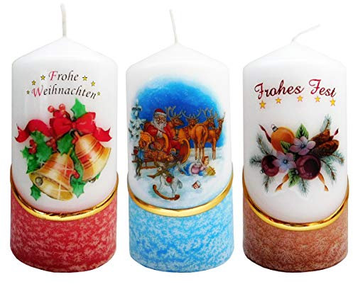 Auswahl Motiv - 3 Stück Weihnachtskerzen ca. 6 x 12 cm, farbig getaucht, optional m. Kerzenständer oder Untersetzer