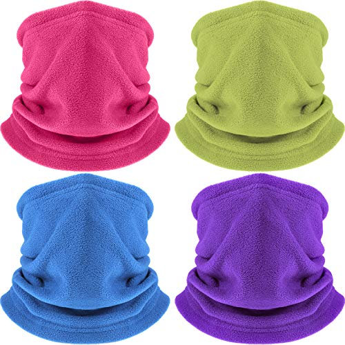 Hicarer 4 Pieces Winter Fleece Neck Warmer Snoods for Men Women Gaiter Thick Thermal Windproof Ski Neck Scarf Balaclava(Fluorescent Green, Purple, Lake Blue, Rose Red)