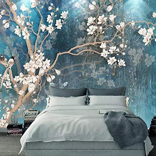 Personnalisé 3D Peintures Murales Papier Peint Nordique Bleu Vintage Peint À La Main Fleurs Oiseaux Peinture À L'huile Papier Peint Chambre Murale 300cm (L) × 210cm (H)