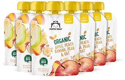 Amazon-Marke: Mama Bear Quetschie Bio Apfel, Pfirsich, Banane, Birne und Haferflockenl, Vegetarisch, 90g (6er-Pack)