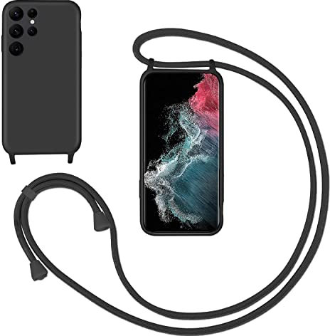 Cover con Collana per Samsung Galaxy S22 Ultra 5G,Custodia Silicone Liquido con cordini,Custodie con Regolabile Collana Antiurto AntiGraffio Case con Laccio Tracolla per Galaxy S22 Ultra 5G,Nero