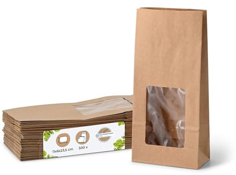 BIOZOYG Sacchetti con fondo quadro M con finestra trasparente biodegradabili 500 pz. Sacchetti di carta Kraft non rivestiti con finestra in plastica bio PLA Sacchetti per biscotti tè dolci ecc.