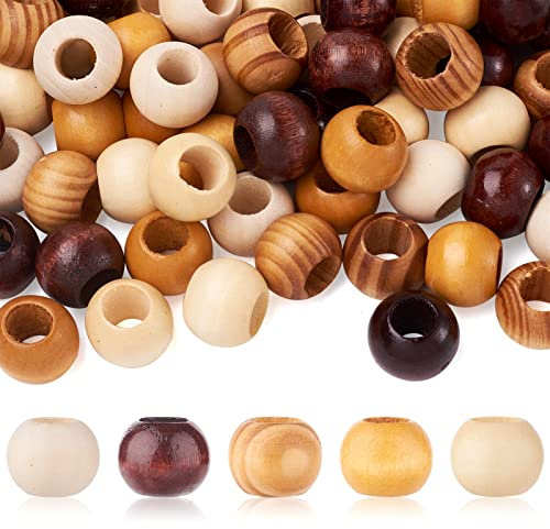 Craftdady Lot de 100 perles rondes en bois pour cheveux, macramé, artisanat et fabrication de bijoux à grand trou 5 couleurs 19 mm avec trou de 9 mm