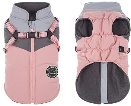 Savlot Hundejacken für den Winter Winddicht Wasserdicht 2 in 1 Outfit Kaltwettermantel Hundewestengeschirr Welpen Winter Warme Jacke Reflektierende Welpenjacke(M, Pink + Grau)