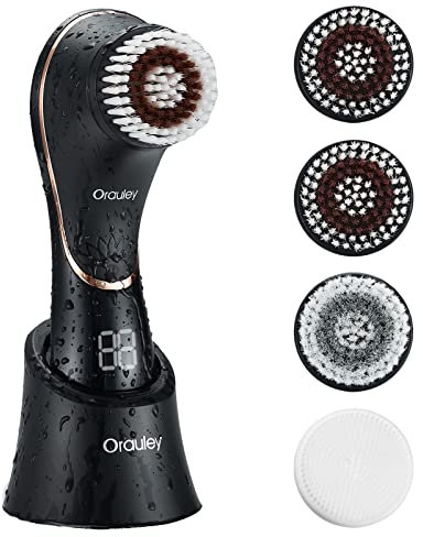 Facial Cleansing Brush, Electric Face Scrubber Rechargeable Exfoliator IPX-7 Waterproof Rotating Cleanser for Exfoliating, Massaging and Deep Cleansing for Women & Men with 4 Brush Heads Black