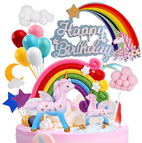 OSDUE Einhorn Tortendeko Geburtstag, Einhorn Kuchendeko, Macaron Kuchen Deko, Happy Birthday Tortendeko, Kuchen Topper Einhorn, Regenbogen, Happy Birthday, Wolke, Ballon für Kinder Mädchen Junge