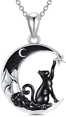 Shusukue Pipistrello/ragno/lupo/gatto/volpe/gufo/sole mezzaluna catena in argento sterling 925, racchetta luna gatto, collana nera da donna con ciondolo gotico, Argento sterling, Zirconia cubica