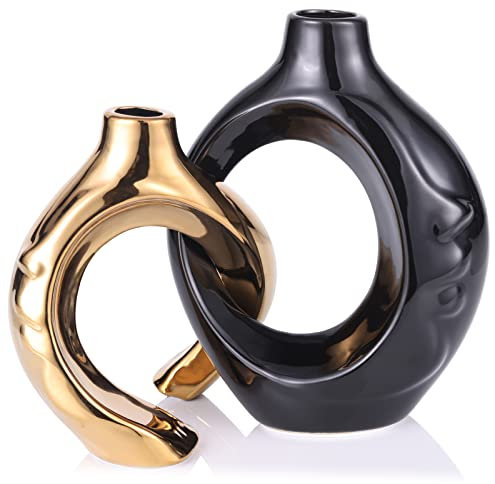 LCCCK Keramikvasen für Heimdekoration, Boho-Vase für Blumen, Pampasgras, dekorativ, hohle Donut-Vase für Wohnzimmer, Tisch, Hochzeit, Tafelaufsatz, modern, klein, schwarz und gold