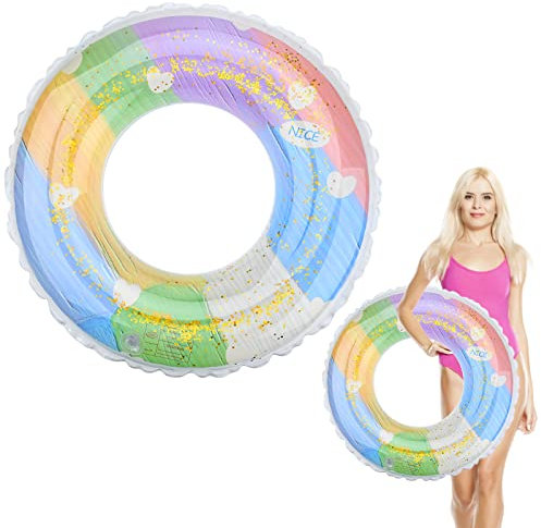 Schwimmring Aufblasbarer Schwimming Ring Pool Schwimmspielzeug Gummi Ring Schwimmbad Schwimmer Ring Pailletten Regenbogen Schwimmenring Röhre Schwimmreifen für Erwachsene Mädchen Sommerpool Party