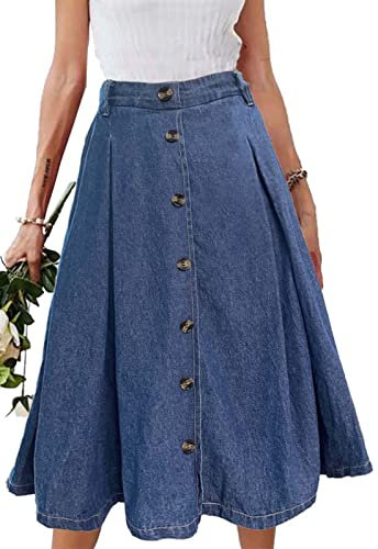 JayscreateEU Damen Rock Midirock Rock Lang Hohe Taille Rock Knielang A Linie Damen Mit Taschen Sommer Rock Mit Falten Maxirock Herbst Rock mit Fransen,Denim Blau,XL