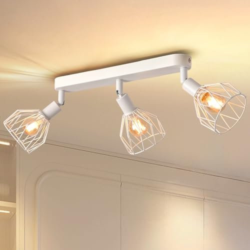 ANWIO Lámpara Techo Focos, 3 Focos Led Interior Techo Base E14, Apliques Techo Focos Blanco con Base Rectangular, Giratorios Plafón Foco de Techo LED(Sin Bombillas) EUC-EA190813-14-03RW-1U
