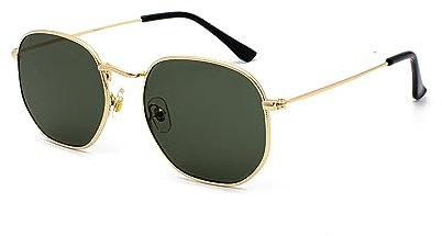 WDZAYXC Mode polygonale Sonnenbrille für Damen und Herren,Leicht Metallrahmen Brille,UV400 Schutz(Gold/Dunkelgrün)