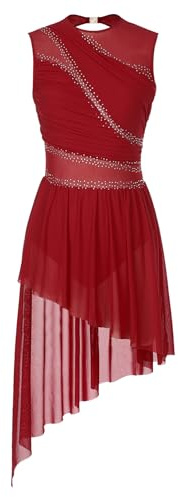 CHICTRY Women's Lyrical Dance Costume High Low Rhinestone Modern Contemporary Dance Dress Burgundy XXL
