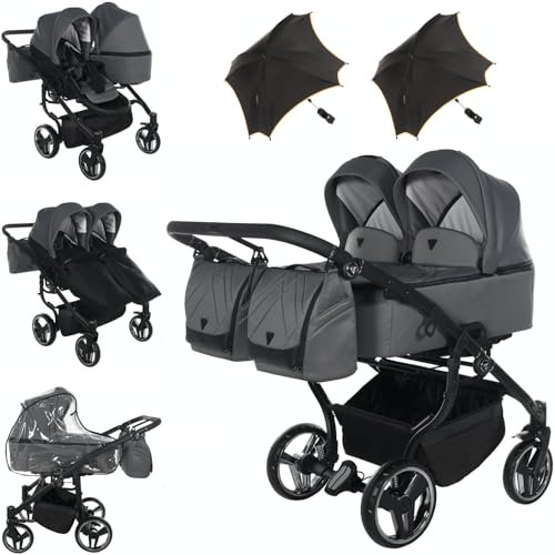 Neuheit! Original Junama Duo V3 Zwillingskinderwagen 2in1 + Original Exclusive Prams Regenschirme (02 graphit)